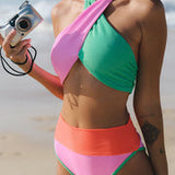 Summer Brights Ribbed Color Block Cross Halter Neck High Rise Bikini Swimsuit