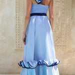 Fato de banho de uma só peça com estampado às riscas, um ombro só e detalhes florais 3D.