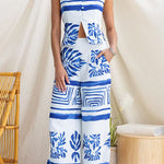 Crewneck Sleeveless Button Up Printed Top