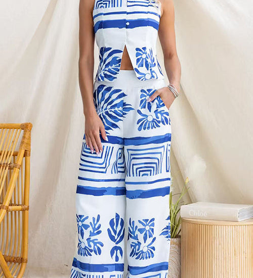 Crewneck Sleeveless Button Up Printed Top