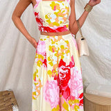 Floral Print Sleeveless Crop Top and Wide Leg Pants Set