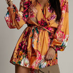 Wrap V Neck Long Sleeves Tie Waist Floral Print Romper