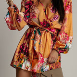 Wrap V Neck Long Sleeves Tie Waist Floral Print Romper