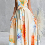 Strapless Bow Waist Floral Print Swing Maxi Dress