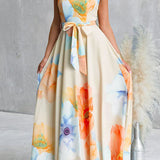 Strapless Bow Waist Floral Print Swing Maxi Dress