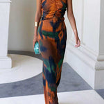 Strapless Cut Out Waist Back Slit Printed Maxi Dress