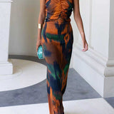 Strapless Cut Out Waist Back Slit Printed Maxi Dress