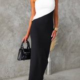 Strapless Tube Back Slit Color Block Bodycon Midi Dress