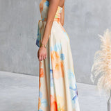 Strapless Bow Waist Floral Print Swing Maxi Dress