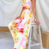 Floral Print Sleeveless Crop Top and Wide Leg Pants Set