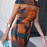 Strapless Cut Out Waist Back Slit Printed Maxi Dress