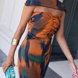 Strapless Cut Out Waist Back Slit Printed Maxi Dress