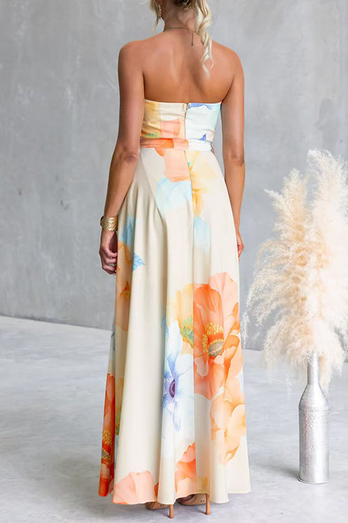 Strapless Bow Waist Floral Print Swing Maxi Dress