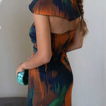 Strapless Cut Out Waist Back Slit Printed Maxi Dress