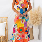 Margovil Sleeveless Tie Neck Waisted Floral Print Maxi Dress