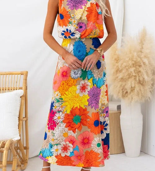 Margovil Sleeveless Tie Neck Waisted Floral Print Maxi Dress