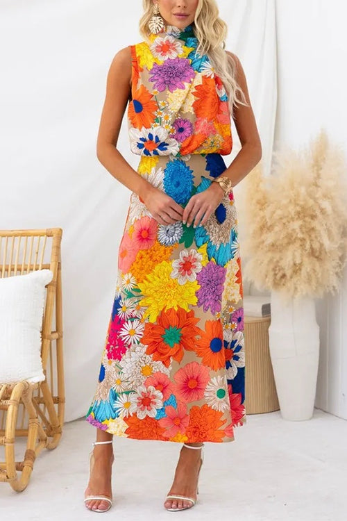 Margovil Sleeveless Tie Neck Waisted Floral Print Maxi Dress