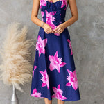 Adjustable Strap Back Lace-up Floral Print Midi Dress