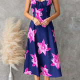 Adjustable Strap Back Lace-up Floral Print Midi Dress