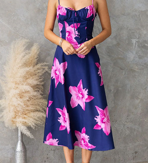 Adjustable Strap Back Lace-up Floral Print Midi Dress