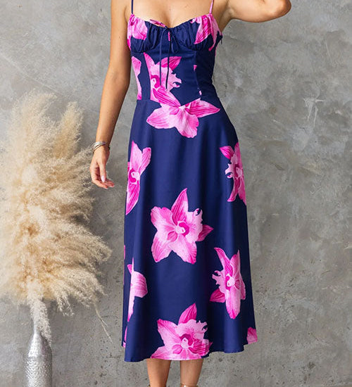 Adjustable Strap Back Lace-up Floral Print Midi Dress