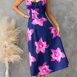 Adjustable Strap Back Lace-up Floral Print Midi Dress