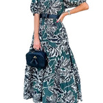 Off Shoulder Puff Sleeve Ruffle Swing Print Maxi Dress