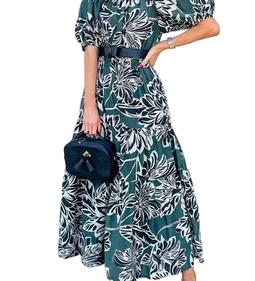 Off Shoulder Puff Sleeve Ruffle Swing Print Maxi Dress