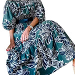 Off Shoulder Puff Sleeve Ruffle Swing Print Maxi Dress