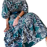 Off Shoulder Puff Sleeve Ruffle Swing Print Maxi Dress