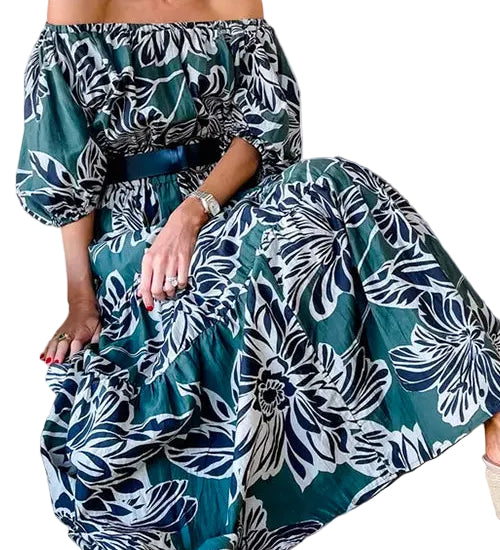 Off Shoulder Puff Sleeve Ruffle Swing Print Maxi Dress