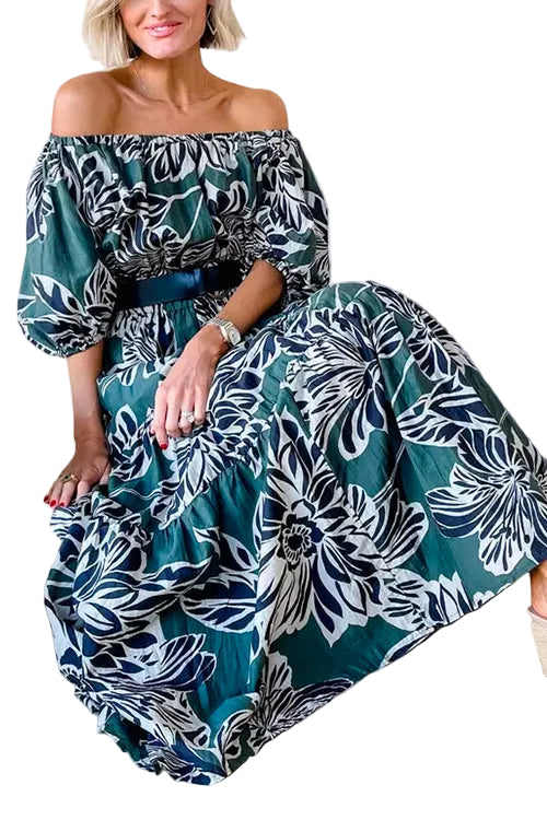 Off Shoulder Puff Sleeve Ruffle Swing Print Maxi Dress