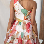 One Shoulder Sleeveless Floral Print Ruffle Layered Mini Dress