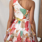 One Shoulder Sleeveless Floral Print Ruffle Layered Mini Dress
