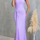 Square Neck Sleeveless Ruched Knot Lace Maxi Dress