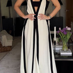 Margovil Deep V Neck Sleeveless Color Block Maxi Swing Dress