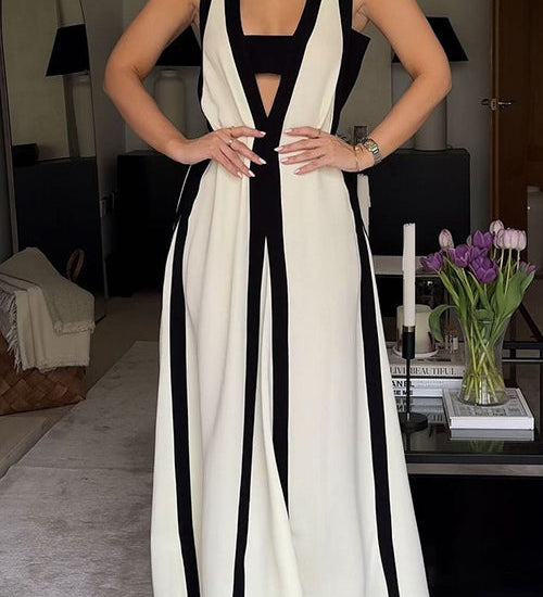 Margovil Deep V Neck Sleeveless Color Block Maxi Swing Dress