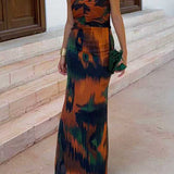 Strapless Cut Out Waist Back Slit Printed Maxi Dress