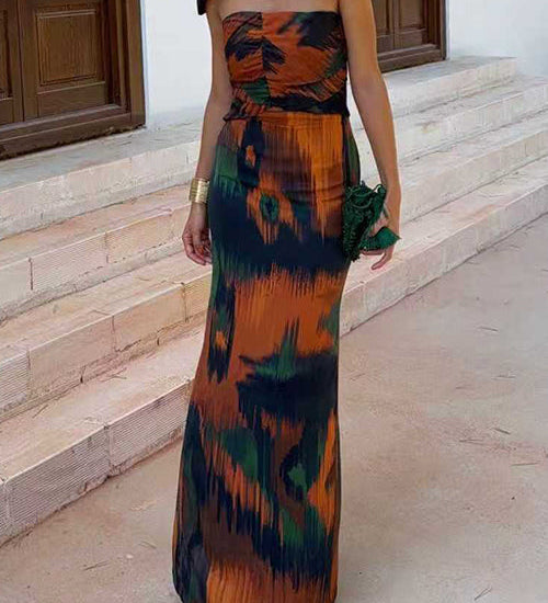Strapless Cut Out Waist Back Slit Printed Maxi Dress
