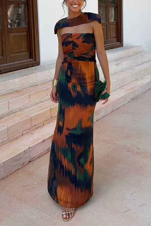 Strapless Cut Out Waist Back Slit Printed Maxi Dress