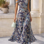Asymmetrical Shoulder Printed Ruffle Hem Flowy Maxi Dress
