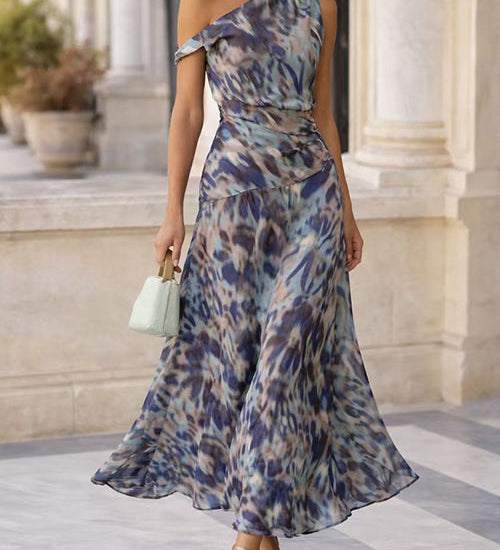 Asymmetrical Shoulder Printed Ruffle Hem Flowy Maxi Dress