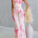 Cowl Neck Criss Cross Backless Floral Print Knot Waist Maxi Dress