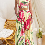 Sleeveless Crop Top and Wide Leg Pants Printed Set