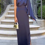 One Shoulder Long Sleeve Side Slit Satin Maxi Dress