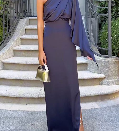 One Shoulder Long Sleeve Side Slit Satin Maxi Dress