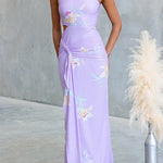 One Shoulder Cut Out Waist Floral Print Draped Maxi Dress