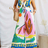 Margovil Spaghetti Strap Cut Out Unique Print Wide Leg Jumpsuit