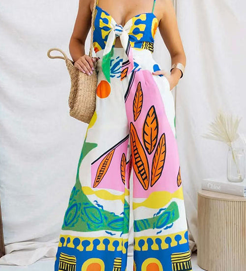 Margovil Spaghetti Strap Cut Out Unique Print Wide Leg Jumpsuit