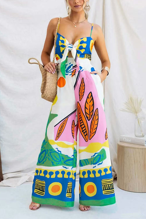 Margovil Spaghetti Strap Cut Out Unique Print Wide Leg Jumpsuit